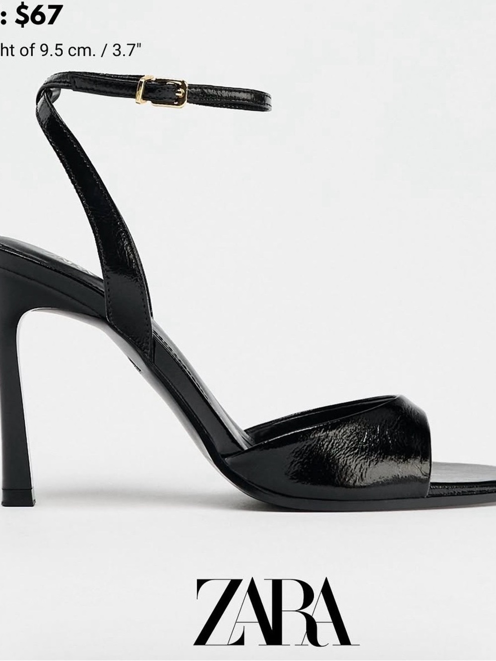 NWT! Zara black patent-finish high-heeled sandals. Comes in duster bag. Size 8.